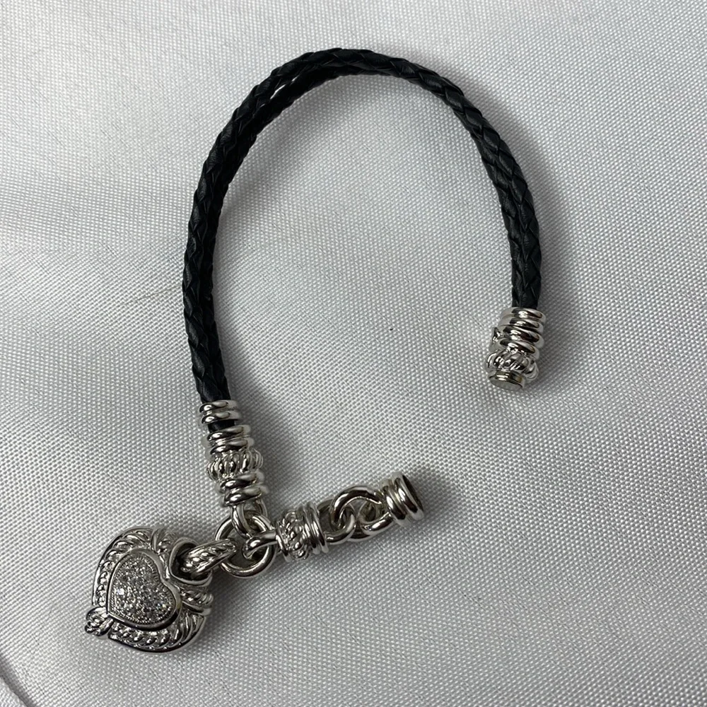 Judith Ripka braided leather cord heart bracelet, sterling silver - Picture 3 of 5
